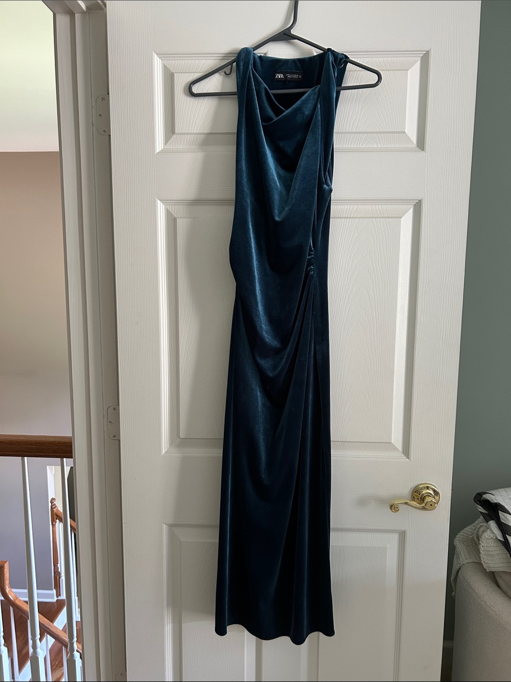 Zara Teal Velvet Cowl-Neck Maxi Dress